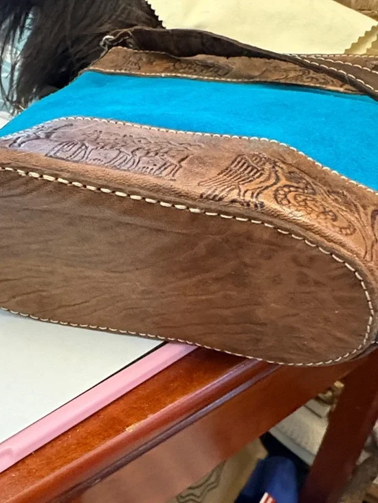 Handcrafted Peruvian Handcrafted Turquoise & Brown Embossed Crossbody Bag - Picture 9 of 12